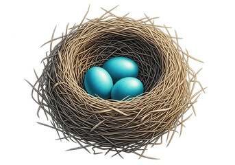 Bird's nest with three bright blue eggs on black background three eggs isolated on a transparent background
