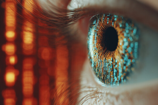 Macro human eye iris with digital code overlay biometric concept - Powered by Adobe
