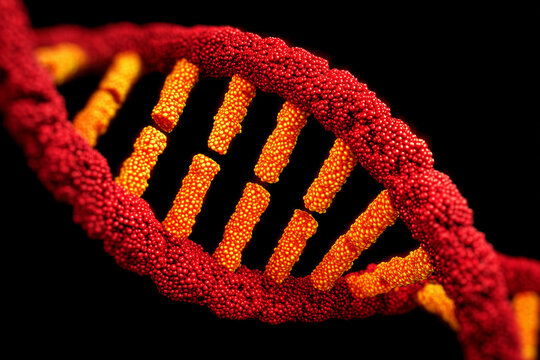 Macro DNA double helix structure red orange vibrant genetic code