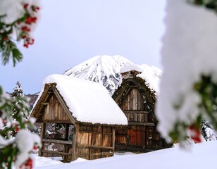 Snow-covered traditional houses nestled in a winter landscape