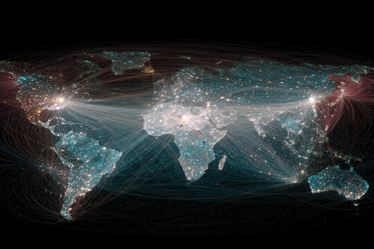 Global network data connection glowing on world map technology