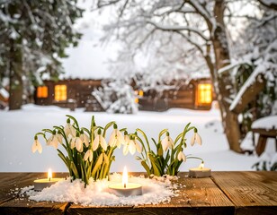Snow-covered winter scene with flowers and candles