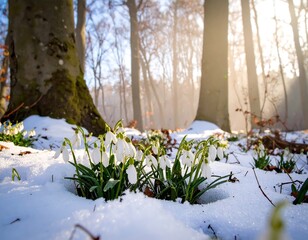 Snowdrop flowers in a winter forest