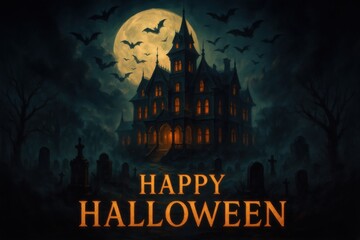 Spooky haunted house with bats and moon. Great for Halloween decor, party flyers, horror film promotion and seasonal advertising.
