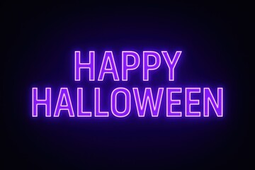 Purple neon Happy Halloween sign glowing on dark wall. Ideal for digital ads, social media, posters and party marketing.
