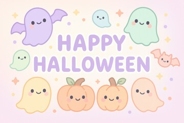 Pastel Happy Halloween design with cute ghosts and pumpkins. Use for children&rsquo;s decor, invitations, and digital greetings.
