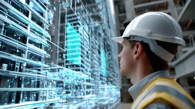 Architectural Blueprint in Focus: A construction worker in a hard hat examines a complex holographic architectural blueprint, showcasing innovation and the future of design.