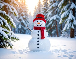 Snowman in snowy forest at sunset