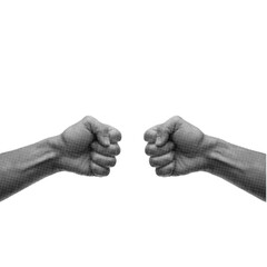 Two clenched male fists positioned side by side against a plain white background.  