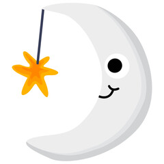 Smiling Moon with Hanging Star Illustration