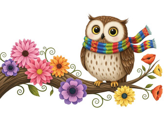 Cute cartoon owl wearing a colorful scarf on a branch with flowers illustration drawing isolated on a transparent background