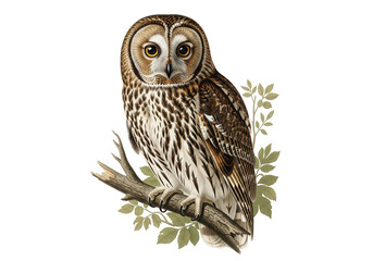 Detailed Illustration of a Tawny Owl Perched on a Branch Keywords: owl, tawny owl, bird isolated on a transparent background