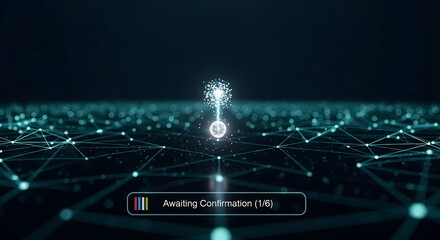 Abstract network visualization with a central node awaiting confirmation, connected by glowing lines and points on a dark background.