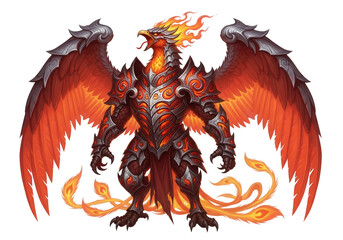 Fierce armored phoenix with fiery wings and body on black background firebird mythical creature isolated on a transparent background