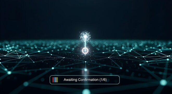 Abstract network visualization with a central node awaiting confirmation, connected by glowing lines and points on a dark background.