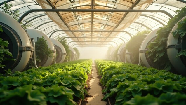 Autonomous farming facility beneath plasma-lit domes, robotic harvesters and algorithmic irrigation systems