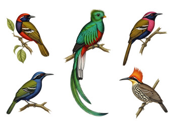 Five Colorful Tropical Birds Perched On Branches Against Black Background exotic isolated on a transparent background