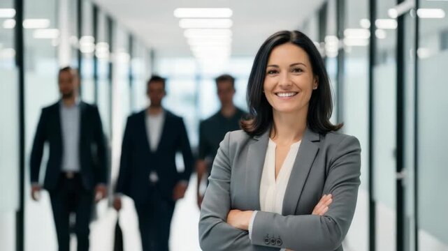 smiling woman in grey blazer and cream blouse arms crossed confidently stands in focus Behind her blurred bright office hallway with three indistinct male figures walking past glass partitions