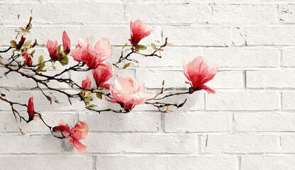 Delicate pink magnolia blossoms adorn a textured white brick wall, creating a serene and floral artistic composition.