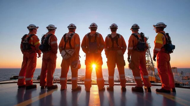 Oil Rig Sunset: A group of oil rig workers stand shoulder to shoulder, silhouetted against a stunning sunset over the ocean, symbolizing teamwork and the challenges of the industry.