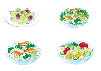 Four bowls and plates of fresh salads with lettuce, vegetables, and other ingredients, presented in a simple illustration style.