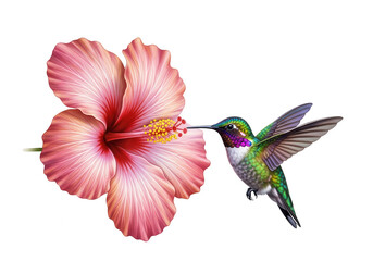 Hummingbird feeding on a pink hibiscus flower against black graphic design isolated on a transparent background