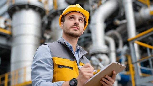 Diligent inspection: a focused technician, clad in protective gear, meticulously examines a complex industrial installation, symbolizing precision and attention to detail in his profession.