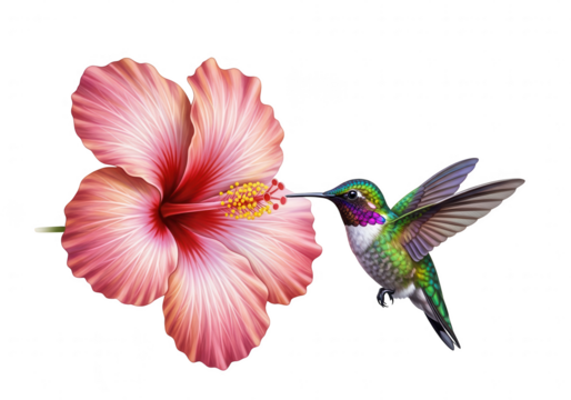 Hummingbird feeding on a pink hibiscus flower against black graphic design isolated on a transparent background