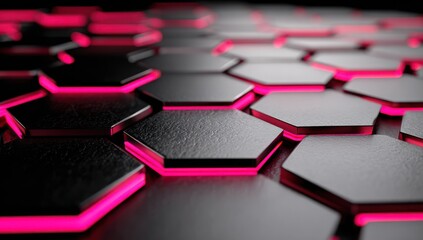 Obraz premium Abstract composition of hexagonal shapes with pink illumination and textured surfaces