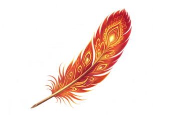 Ornate Fiery Feather with Intricate Patterns on Black Background Keywords: feather, fire, flame isolated on a transparent background