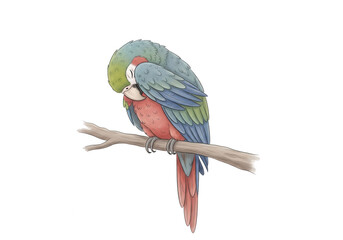 Sleeping Macaw Parrot Perched on a Branch with Closed Eyes bird isolated on a transparent background