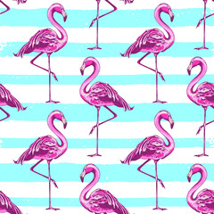 Pixelated pink flamingos on blue and white striped background