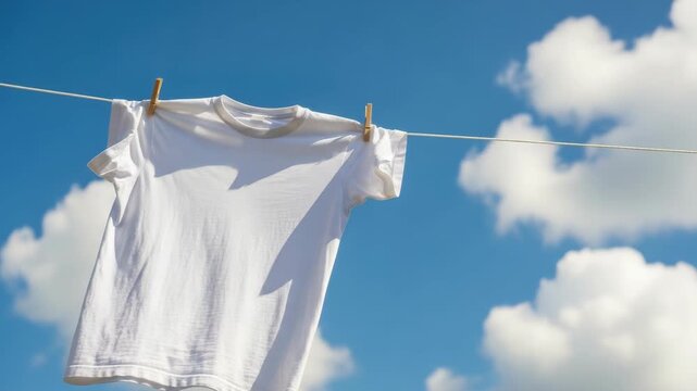 crisp white short-sleeved t-shirt hangs drying on clothesline secured by two wooden clothespins It casts shadow under the bright sun against clear blue sky with fluffy white clouds