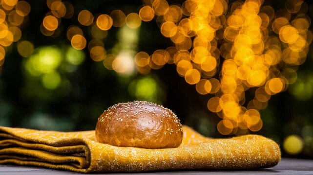 Warm Sourdough Bread Roll with Sesame Seeds on a Yellow Cloth, Festive Bokeh Lights.
