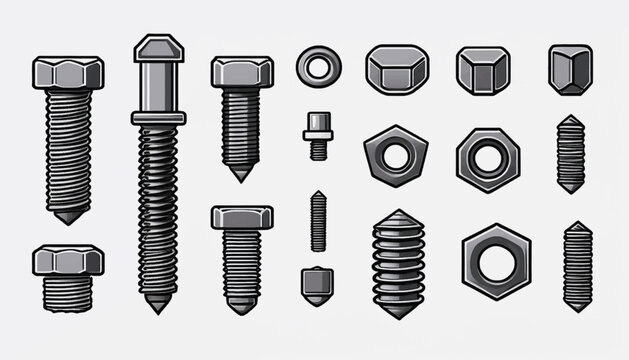 A collection of various metal screws, bolts, nuts, and fasteners illustrated in a detailed, monochrome graphic style.