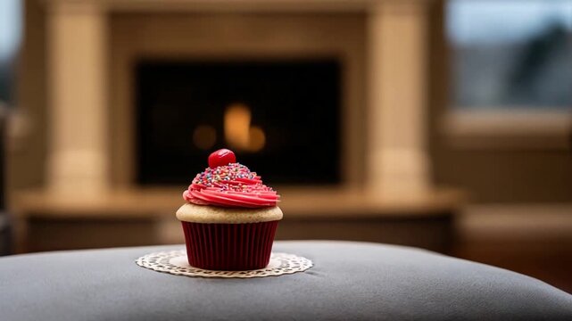 Delightful Cupcake with Cherry and Sprinkles Near Cozy Fireplace.