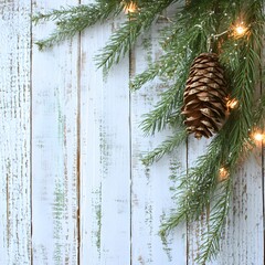 Rustic Christmas Background Pine Cone Lights Wooden Texture