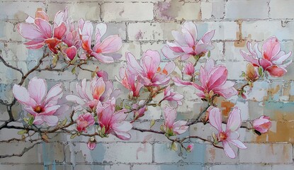 Delicate magnolia blossoms bloom against a backdrop of weathered brickwork, showcasing a soft, romantic aesthetic.