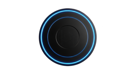 Futuristic circular device with glowing blue neon ring isolated on transparent background