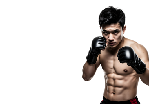 An determined boxer with black boxing gloves stares intensely at the viewer. Ready to fight