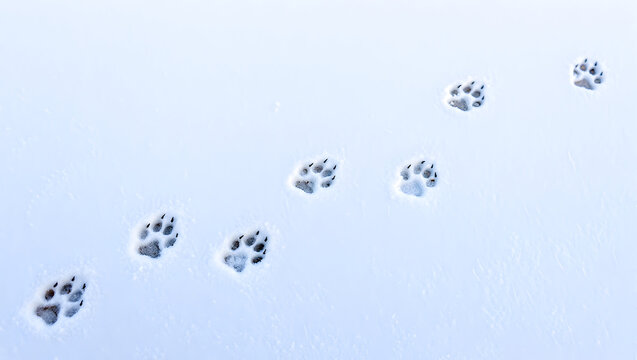 Animal paw prints in fresh white snow, diagonal trail on a winter day