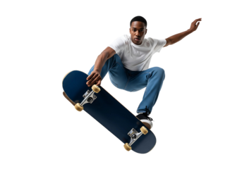 A skilled skateboarder performing a dynamic mid-air trick, showcasing athleticism and urban lifestyle