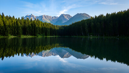 Pristine Alpine Lake Reflecting Majestic Mountains and Green Forest