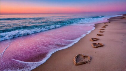 Romantic beach scene with heart-shaped sand art leading towards the ocean under a colorful sky