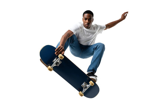 A skilled skateboarder performing a dynamic mid-air trick, showcasing athleticism and urban lifestyle - Powered by Adobe