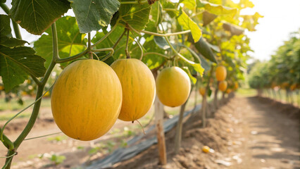 Canary Melon hanging on tree in garden, Casaba Melon on tree in natural warm sunlight background