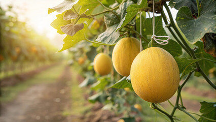 Canary Melon tree in garden, Casaba Melon tree in natural warm sunlight background