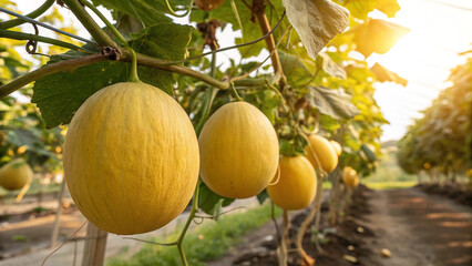 Casaba Melon hanging on tree in garden, Canary Melon on tree in natural warm sunlight background