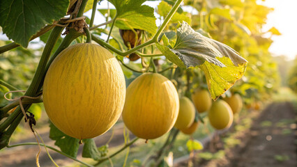 Canary Melon on tree in garden, Canary Melon hanging tree in natural warm sunlight background