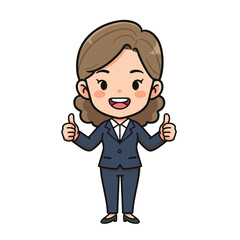 Cartoon woman in dark blue suit giving two thumbs up, smiling confidently on white background.